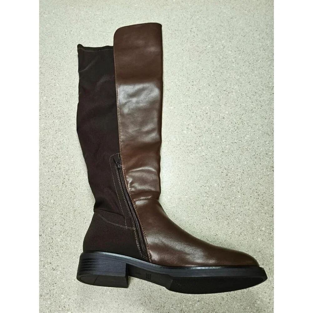 🆕Women Brown-pu Knee High Comfortable Thigh High Daily Low Flat Heel Long Boot